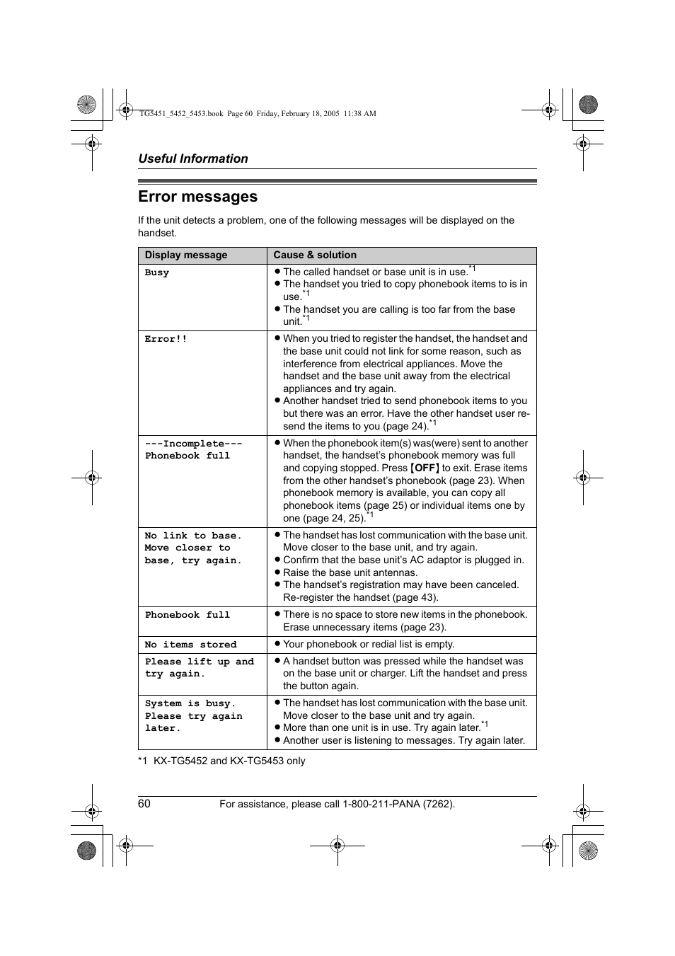 Error messages | Panasonic KX-TG5452 User Manual | Page 60 / 76