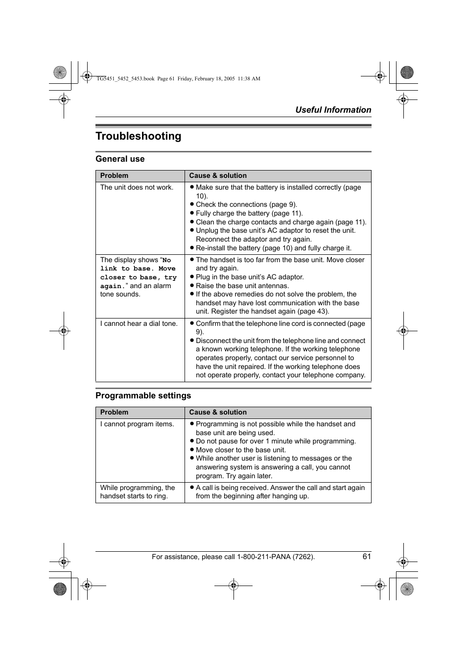 Troubleshooting | Panasonic KX-TG5452 User Manual | Page 61 / 76