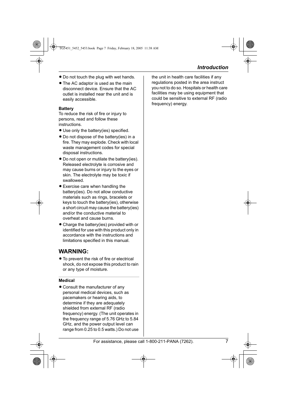 Warning | Panasonic KX-TG5452 User Manual | Page 7 / 76