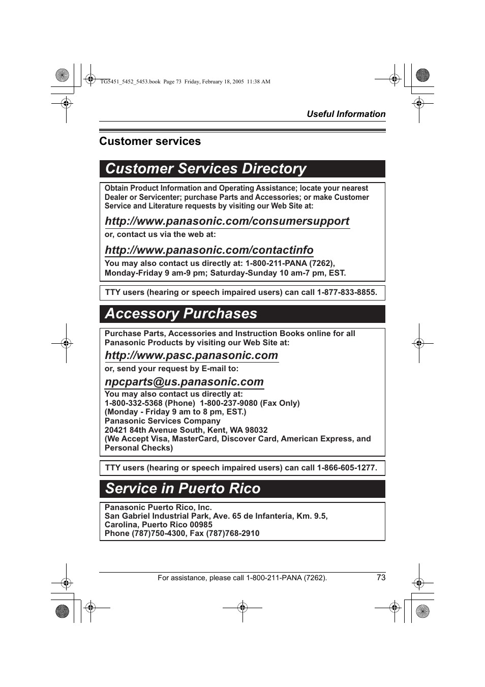 Customer services, Customer services directory, Accessory purchases service in puerto rico | Panasonic KX-TG5452 User Manual | Page 73 / 76