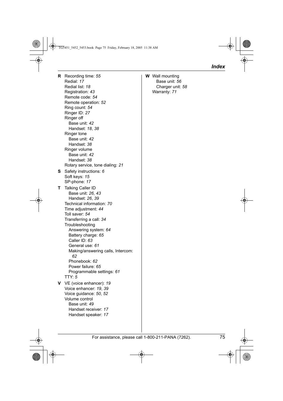 Panasonic KX-TG5452 User Manual | Page 75 / 76