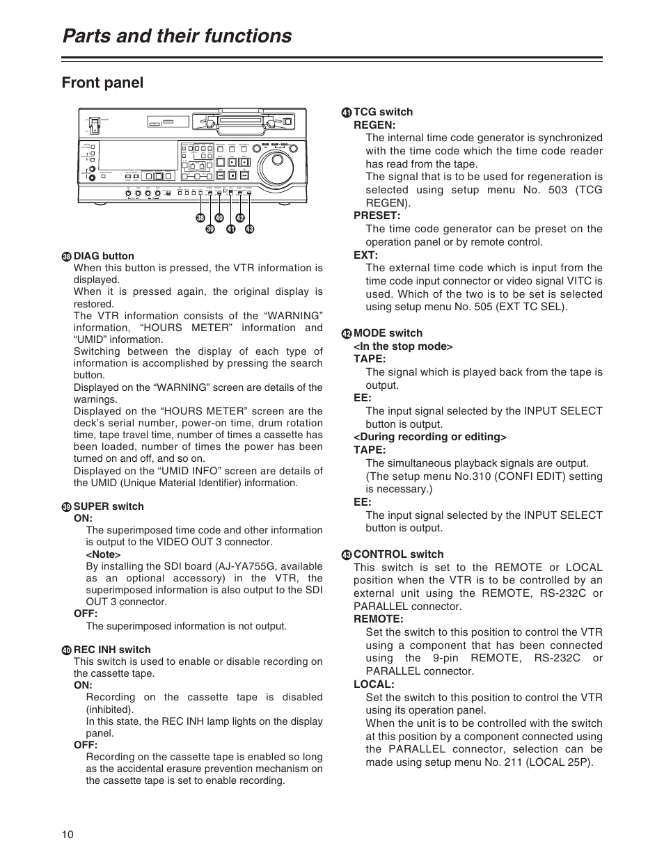 Parts and their functions, Front panel, Wy [ v x z | Panasonic AJ-SD755 User Manual | Page 10 / 78