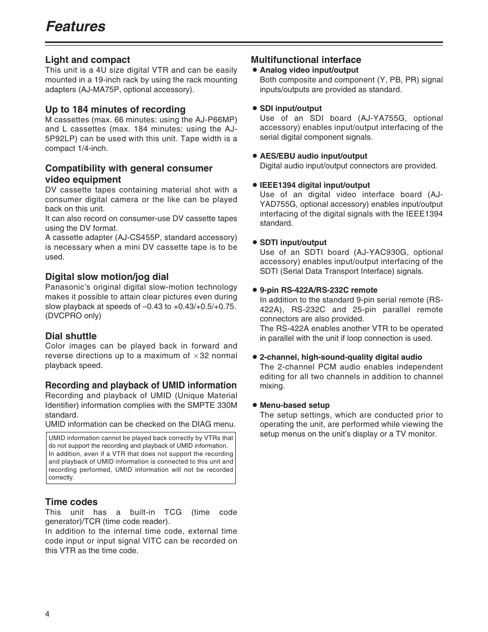 Features | Panasonic AJ-SD755 User Manual | Page 4 / 78