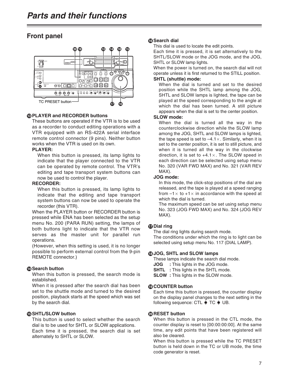 Parts and their functions, Front panel, Search dial | Shtl (shuttle) mode, Slow mode, Jog mode, Adial ring, Bjog, shtl and slow lamps, Ccounter button, Dreset button | Panasonic AJ-SD755 User Manual | Page 7 / 78