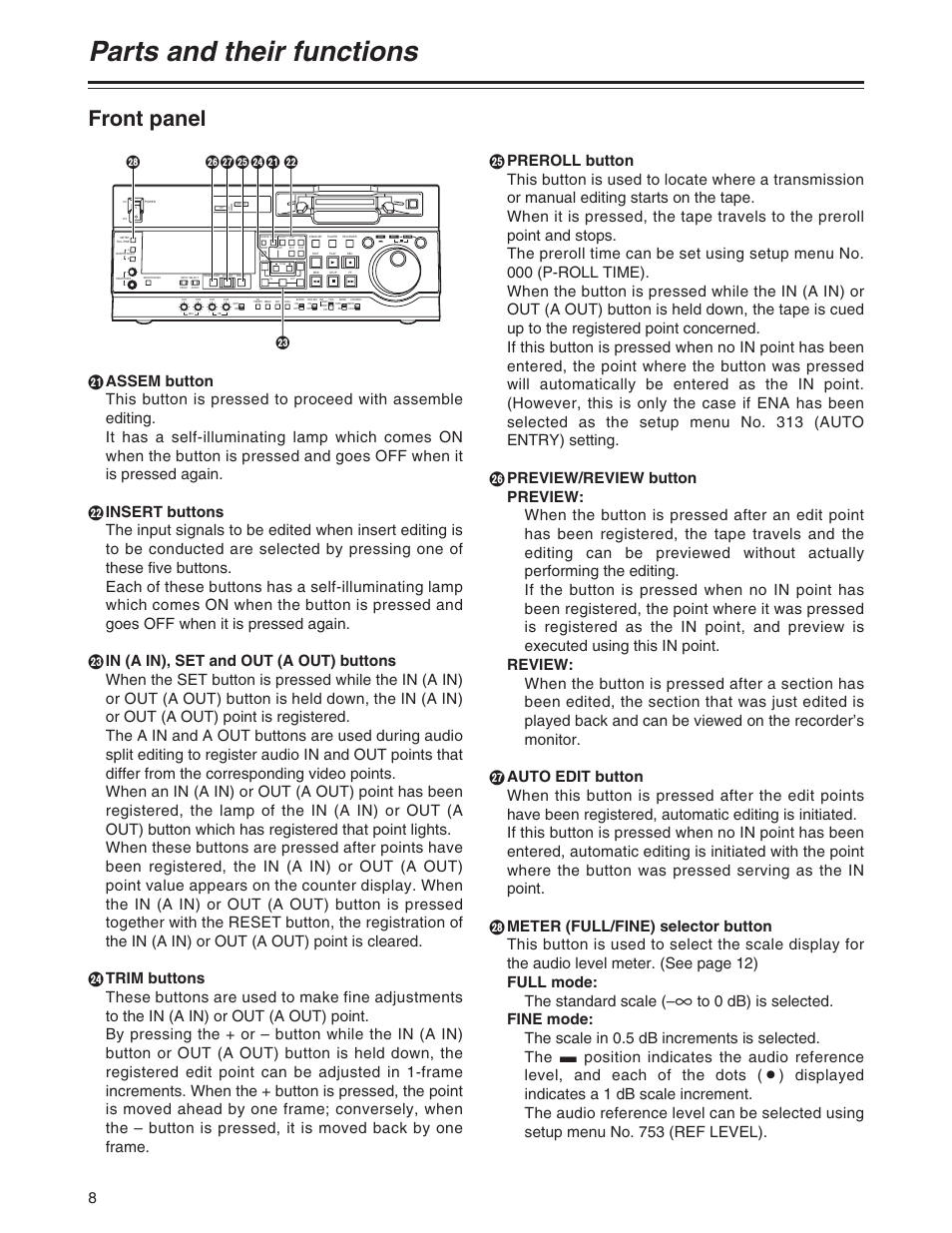 Parts and their functions, Front panel | Panasonic AJ-SD755 User Manual | Page 8 / 78