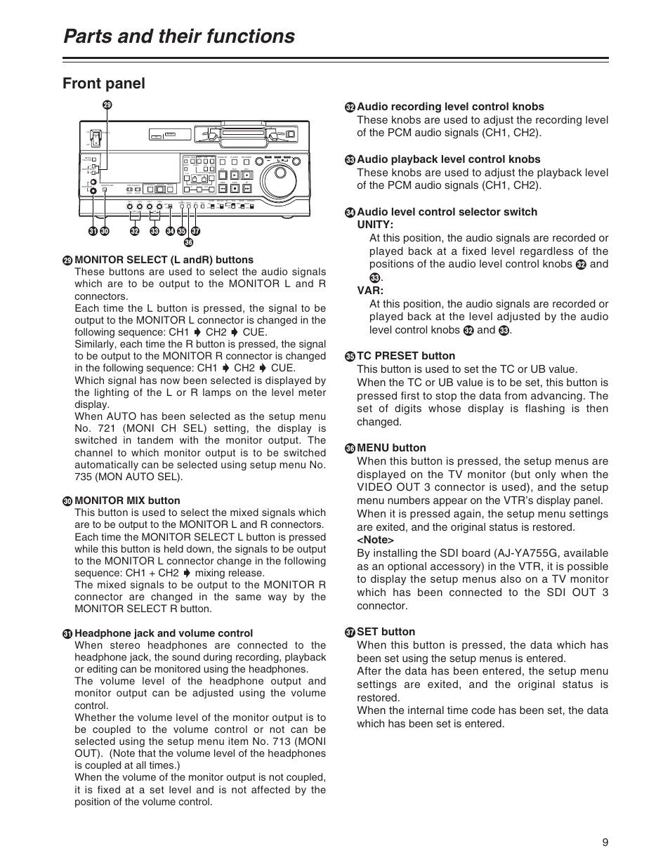 Parts and their functions, Front panel | Panasonic AJ-SD755 User Manual | Page 9 / 78