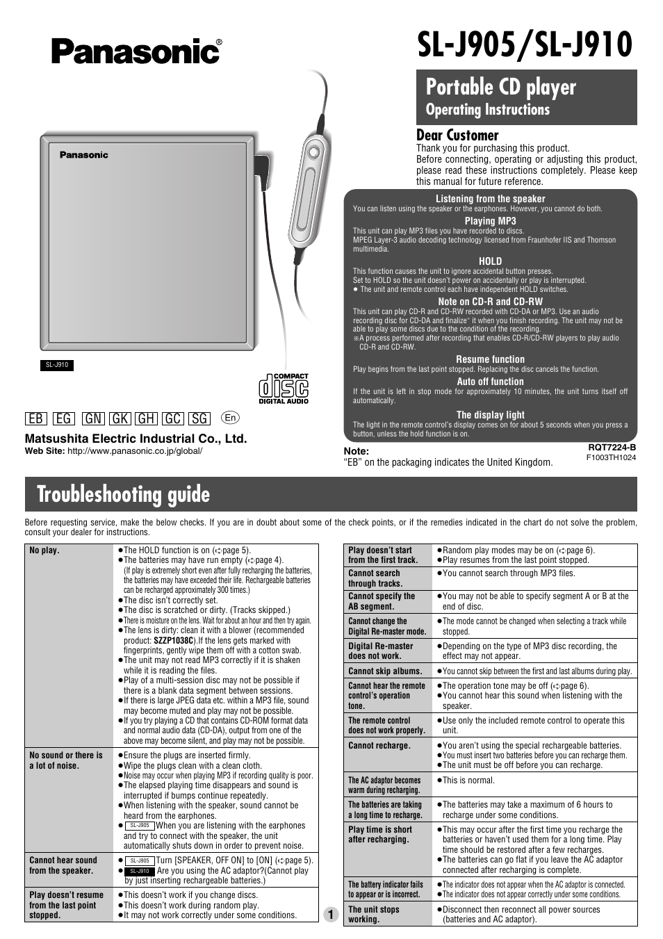 Panasonic SL-J905 User Manual | 6 pages