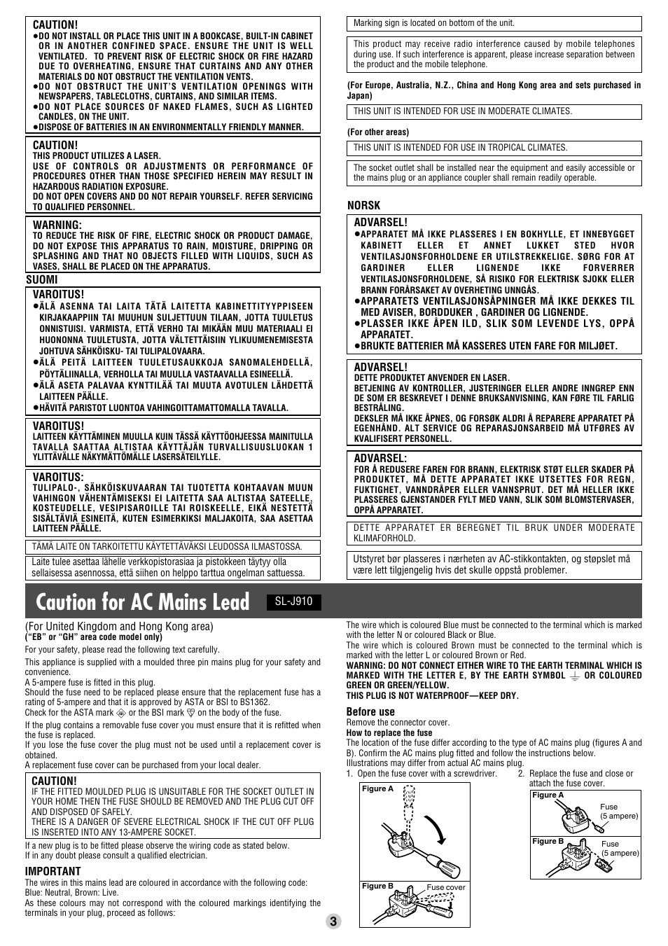 Caution for ac mains lead | Panasonic SL-J905 User Manual | Page 3 / 6