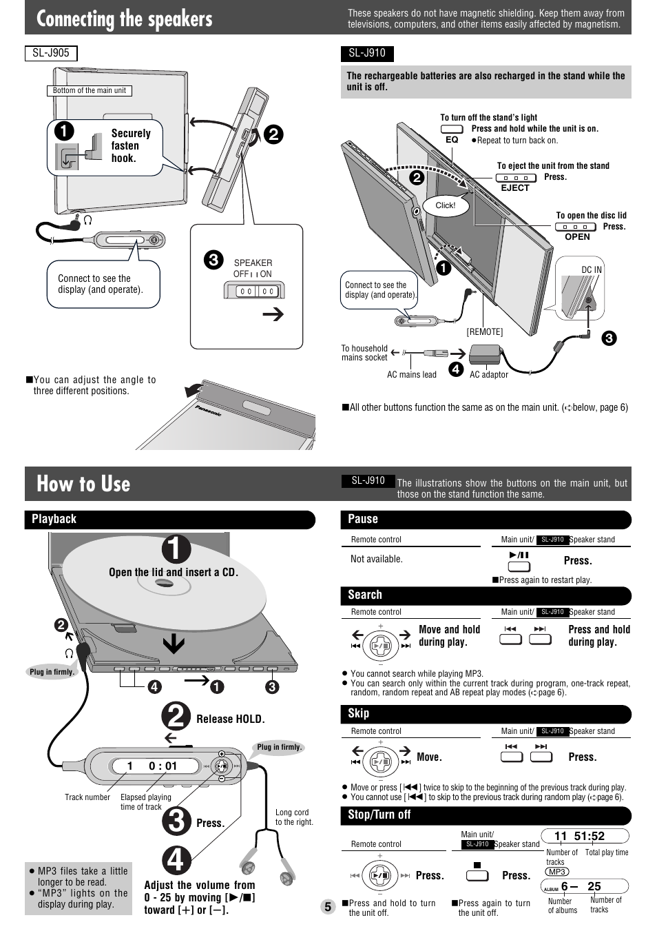 How to use, Connecting the speakers | Panasonic SL-J905 User Manual | Page 5 / 6