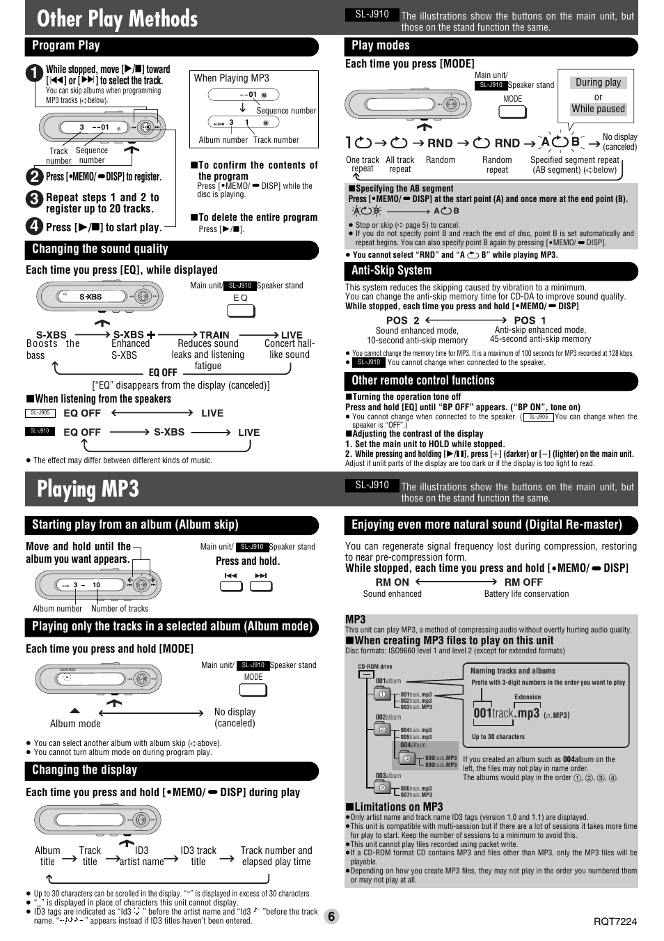 Playing mp3, Other play methods, Starting play from an album (album skip) | Changing the display, 001 track .mp3, Program play play modes, Changing the sound quality, Anti-skip system, Other remote control functions, Move and hold until the album you want appears | Panasonic SL-J905 User Manual | Page 6 / 6