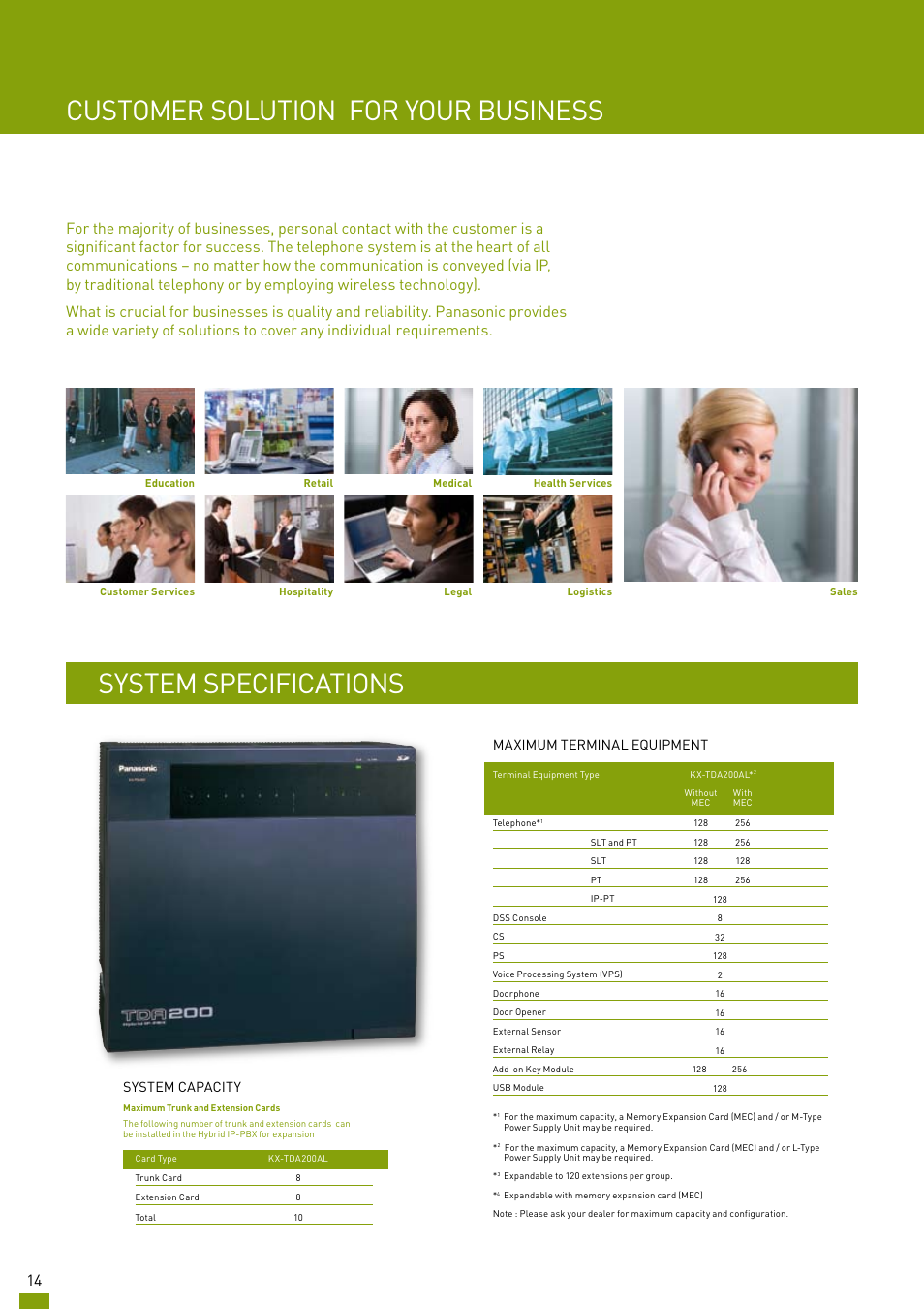 Customer solution for your business, System specifications, Maximum terminal equipment | System capacity | Panasonic KX-TDA200AL User Manual | Page 14 / 16