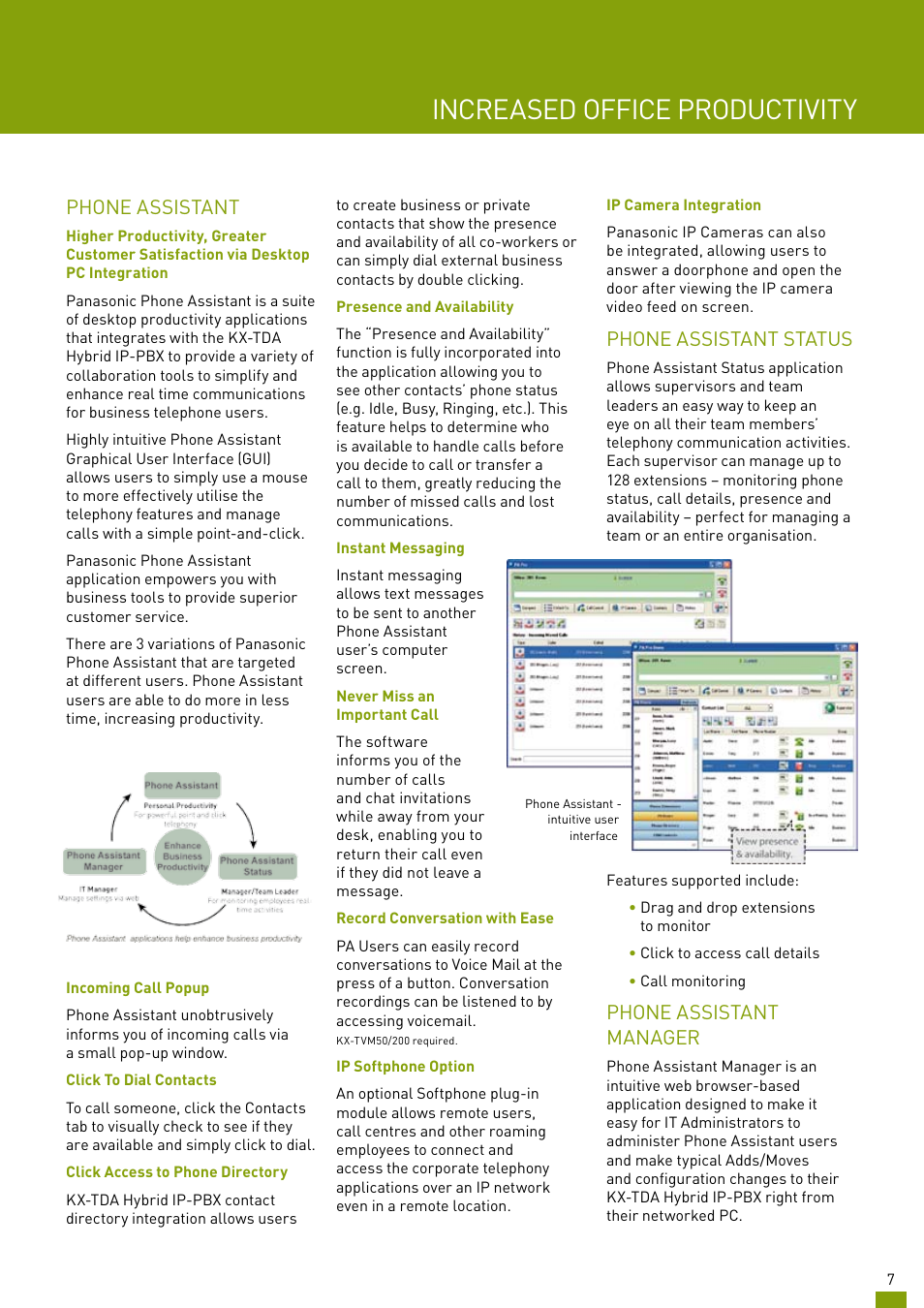 Increased office productivity, Phone assistant, Phone assistant status | Phone assistant manager | Panasonic KX-TDA200AL User Manual | Page 7 / 16