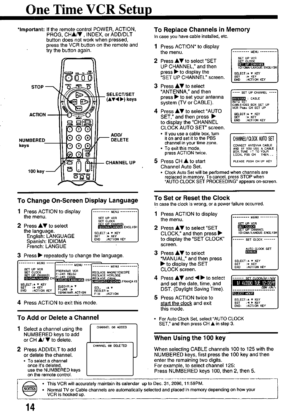 One time vcr setup, To add or delete a channel, To replace channels in memory | To set or reset the clock, When using the 100 key | Panasonic OMNIVISION PV-8401 User Manual | Page 14 / 36