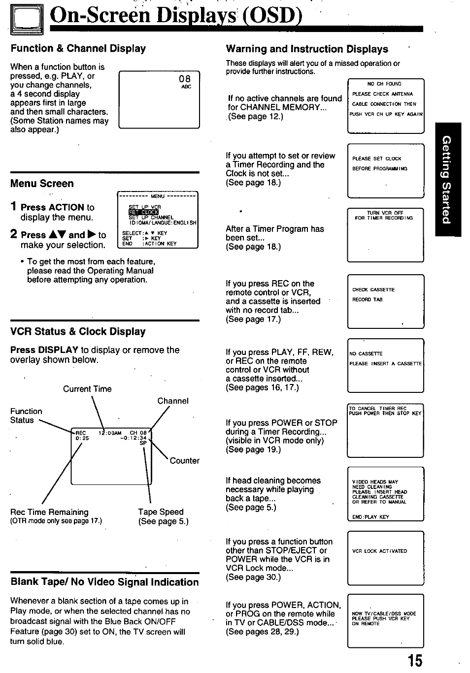 Function & channel display, Warning and instruction displays, Menu screen | Vcr status & clock display, Blank tape/ no video signal indication, Oibsçreei^isgla^^osd, Menu screen 1 | Panasonic OMNIVISION PV-8401 User Manual | Page 15 / 36