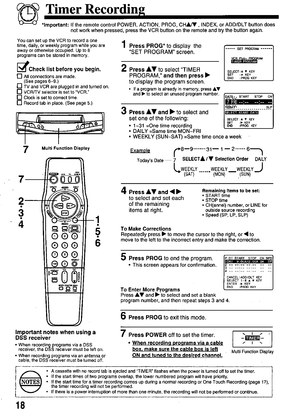 Timer recording, I^^check list before you begin, Important notes when using a dss receiver | 4 press at and, Remaining items to be set, He5@s | Panasonic OMNIVISION PV-8401 User Manual | Page 18 / 36