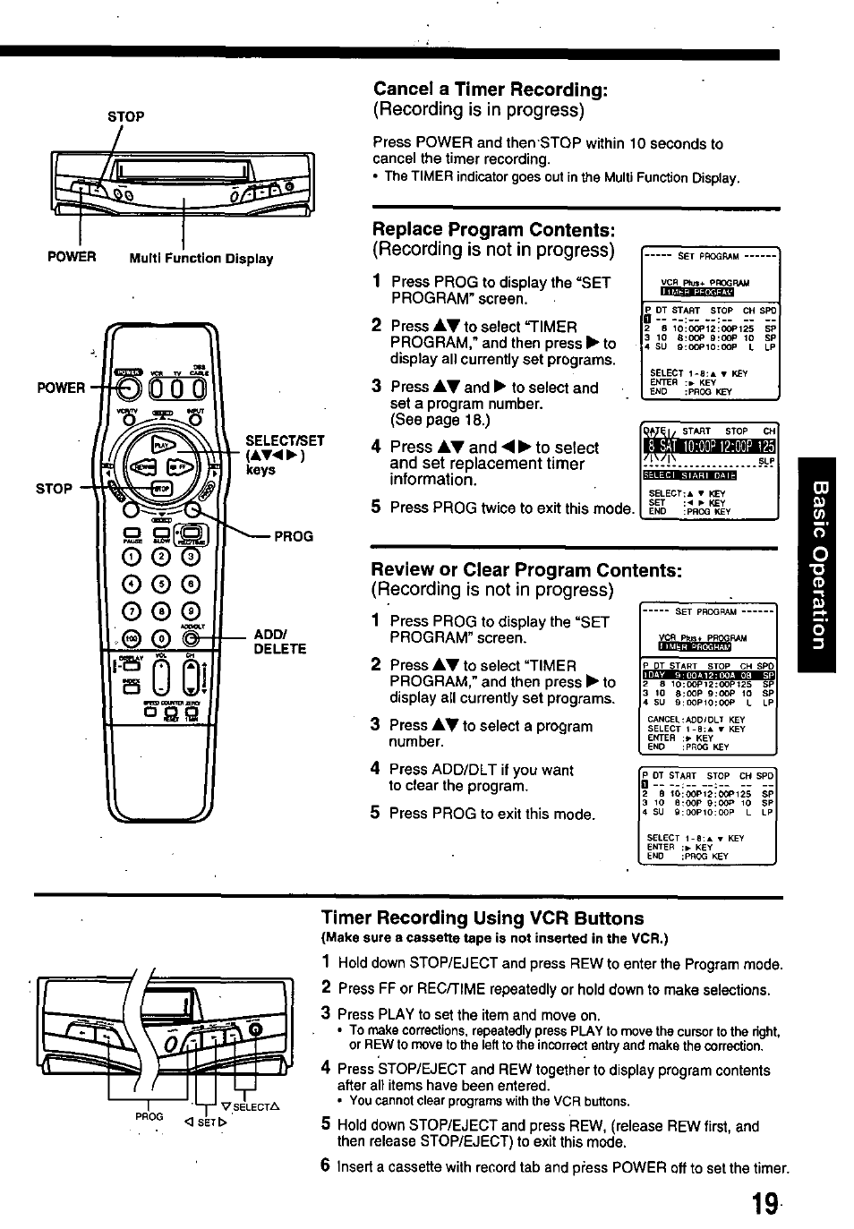 8 sat 10:oop12:oop 125, Recording is in progress), Recording is not in progress) | Cancel a timer recording, Replace program contents, Review or clear program contents, Timer recording using vcr buttons | Panasonic OMNIVISION PV-8401 User Manual | Page 19 / 36