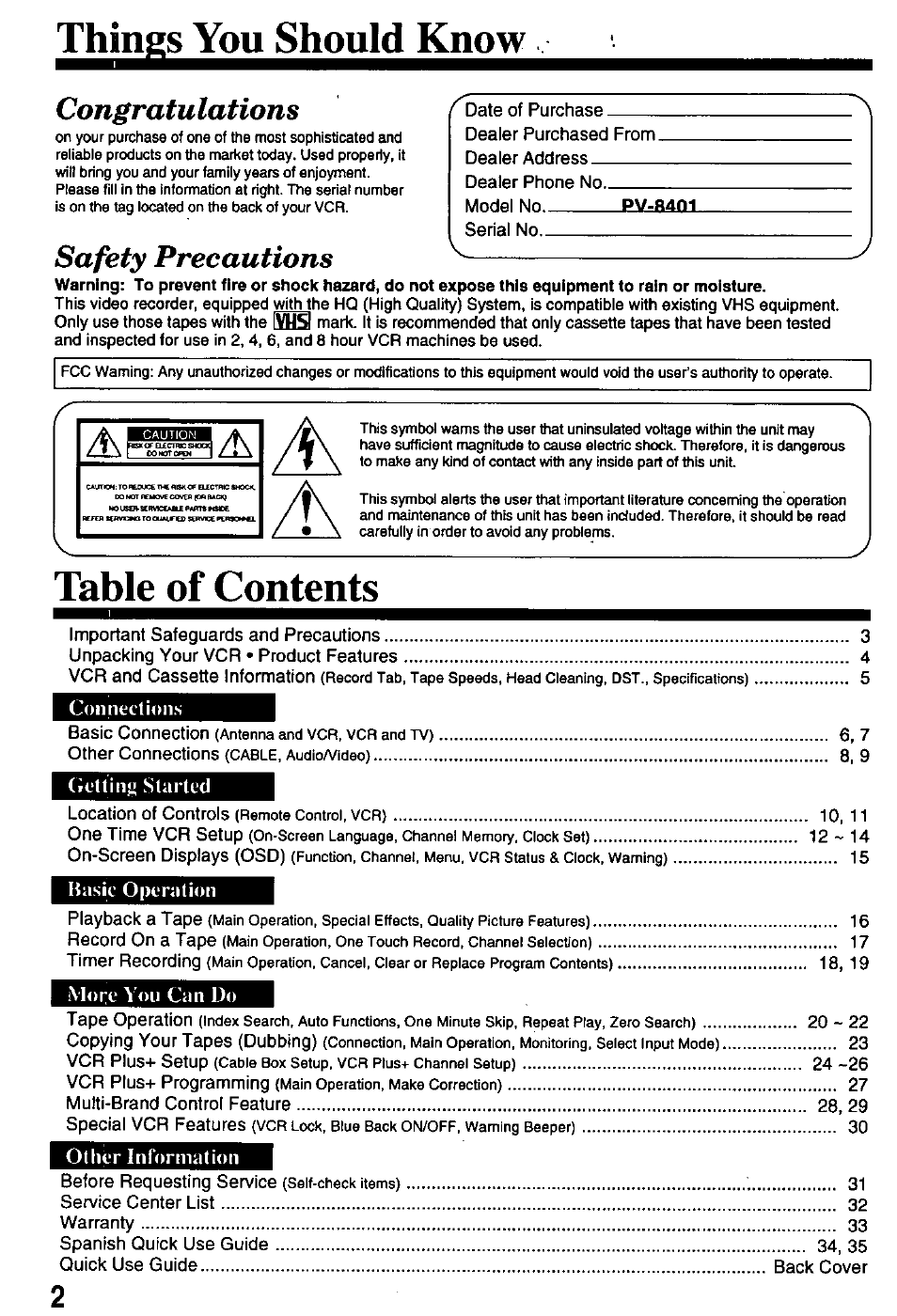 Panasonic OMNIVISION PV-8401 User Manual | Page 2 / 36