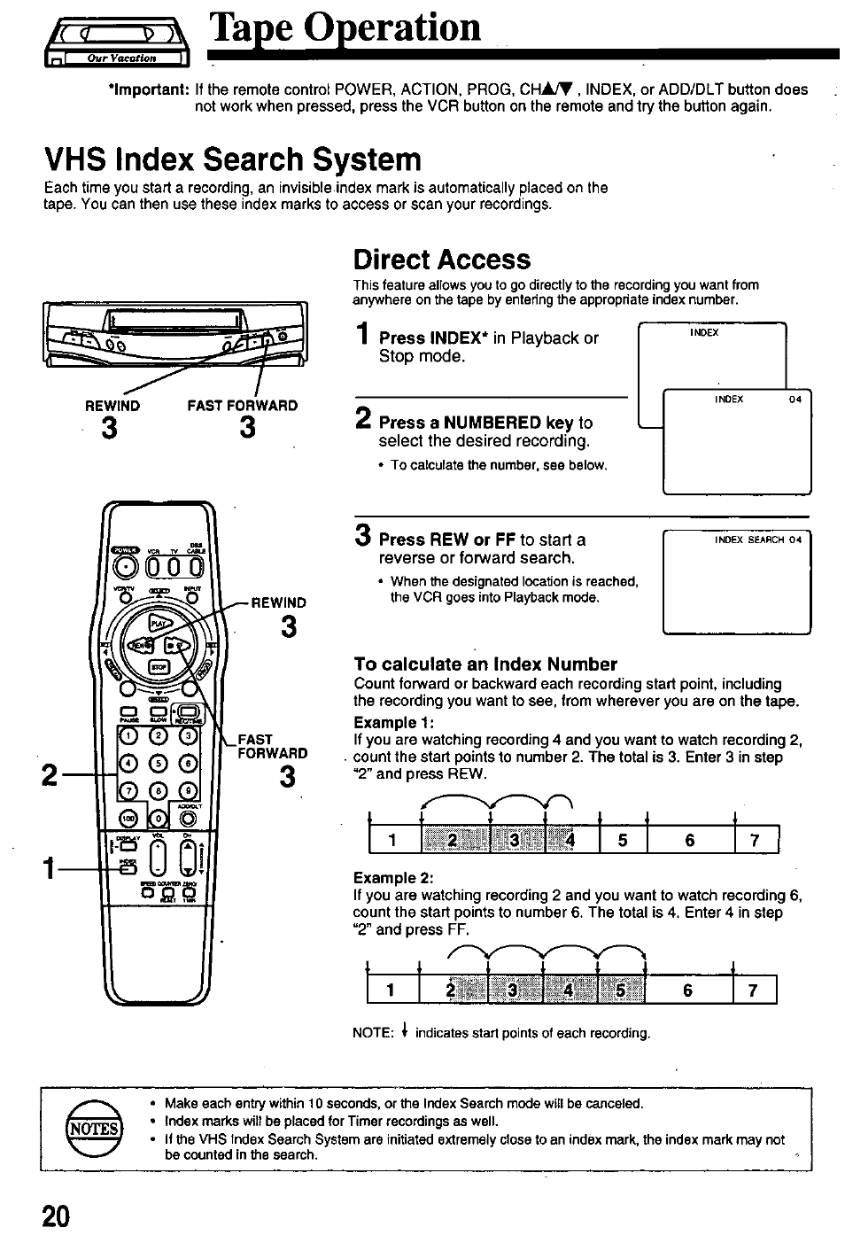 F (j g-iv tape operation, Vms index search system, Direct access | G-iv tape operation, F ( j | Panasonic OMNIVISION PV-8401 User Manual | Page 20 / 36