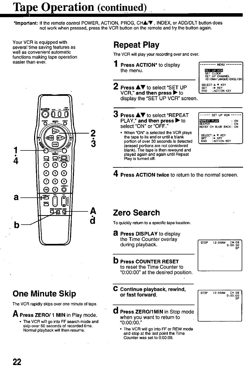 Tape operation (continued), Repeat play, Play,” and then press ► to | Zero search, B press counter reset, One minute skip, A press zero/1 min in play mode, C continue playback, rewind, or fast forward, Tape operation, Continued) | Panasonic OMNIVISION PV-8401 User Manual | Page 22 / 36