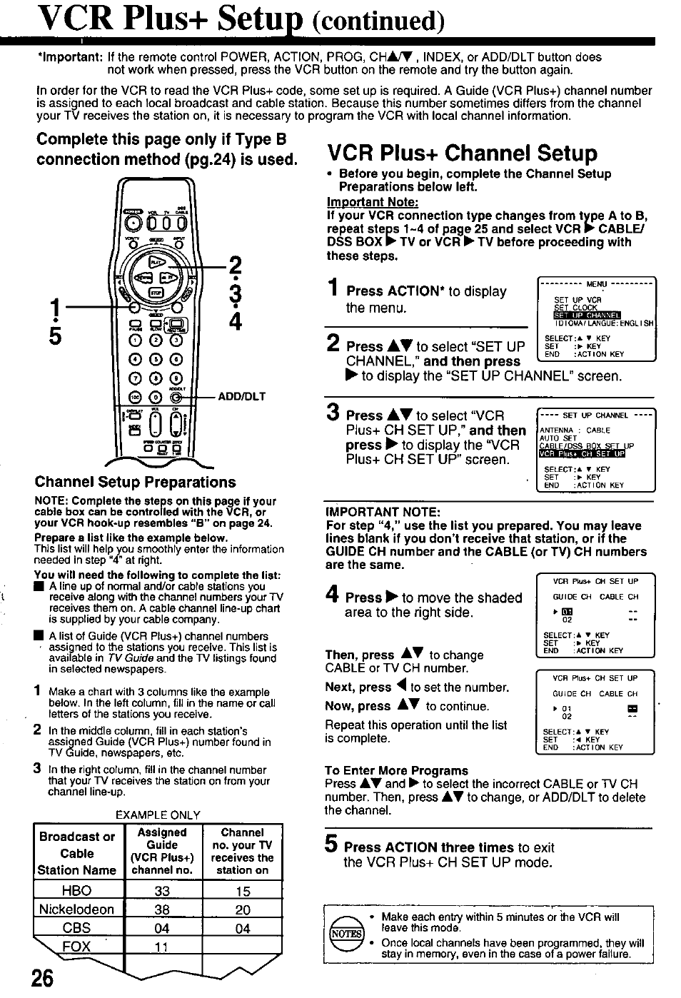 Vcr plus+ setup (continued), Vcr pius+ channel setup, Bn™ibanei | Plus+ setup, Continued) | Panasonic OMNIVISION PV-8401 User Manual | Page 26 / 36