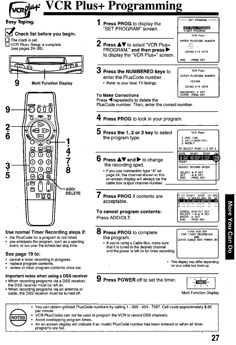 A$y taping. press prog to disolav the, Easy taping, Check list before you begin | Use normal timer recording steps if, Important notes when using a dss receiver, O press the numbered keys to, To make corrections, Press m repeatedly to delete the, Pluscode number. then, enter the correct number, To cancel program contents | Panasonic OMNIVISION PV-8401 User Manual | Page 27 / 36