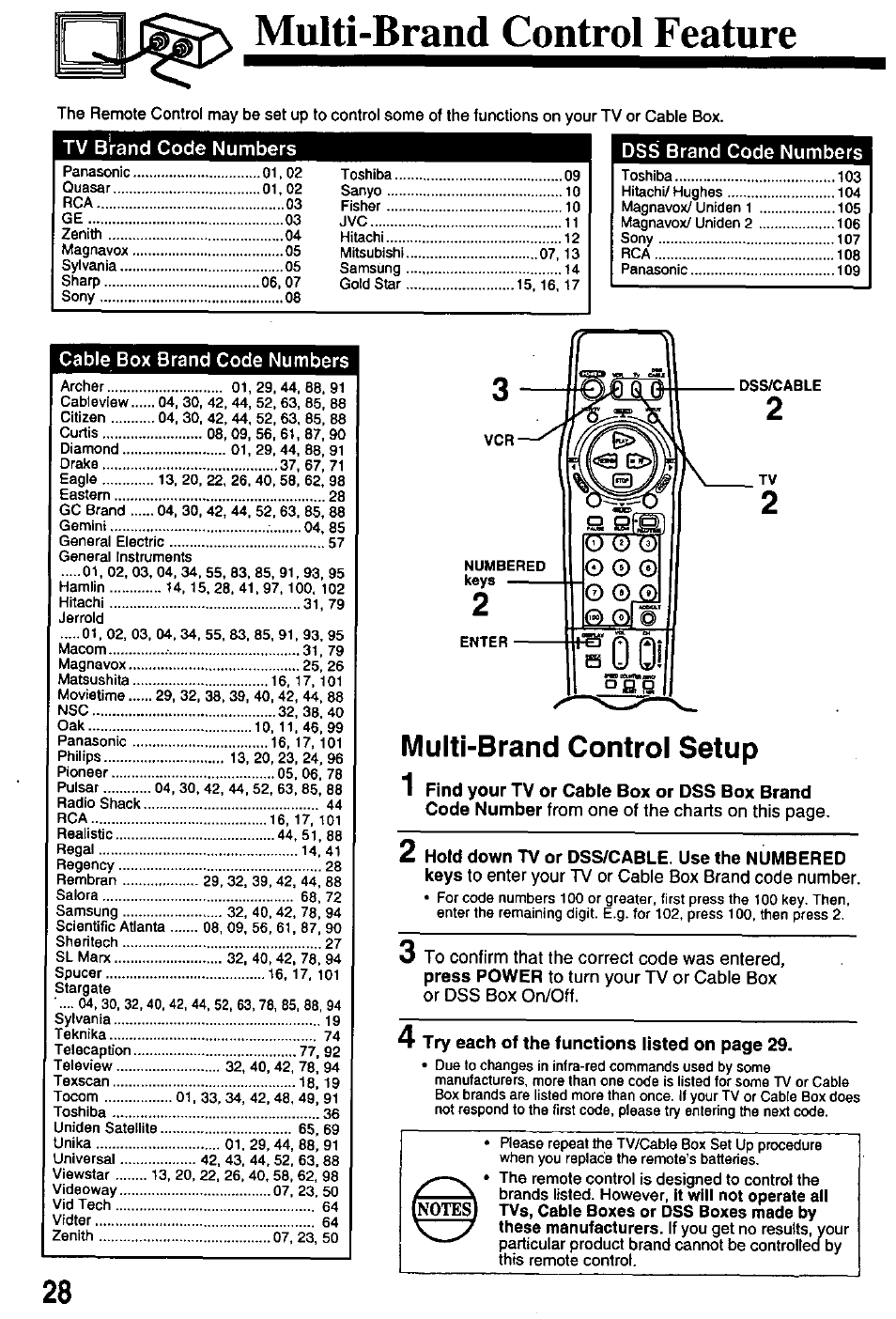 Multi-brand control feature, Tv brand code numbers, Dss brand code numbers | Cable box brand code numbers | Panasonic OMNIVISION PV-8401 User Manual | Page 28 / 36