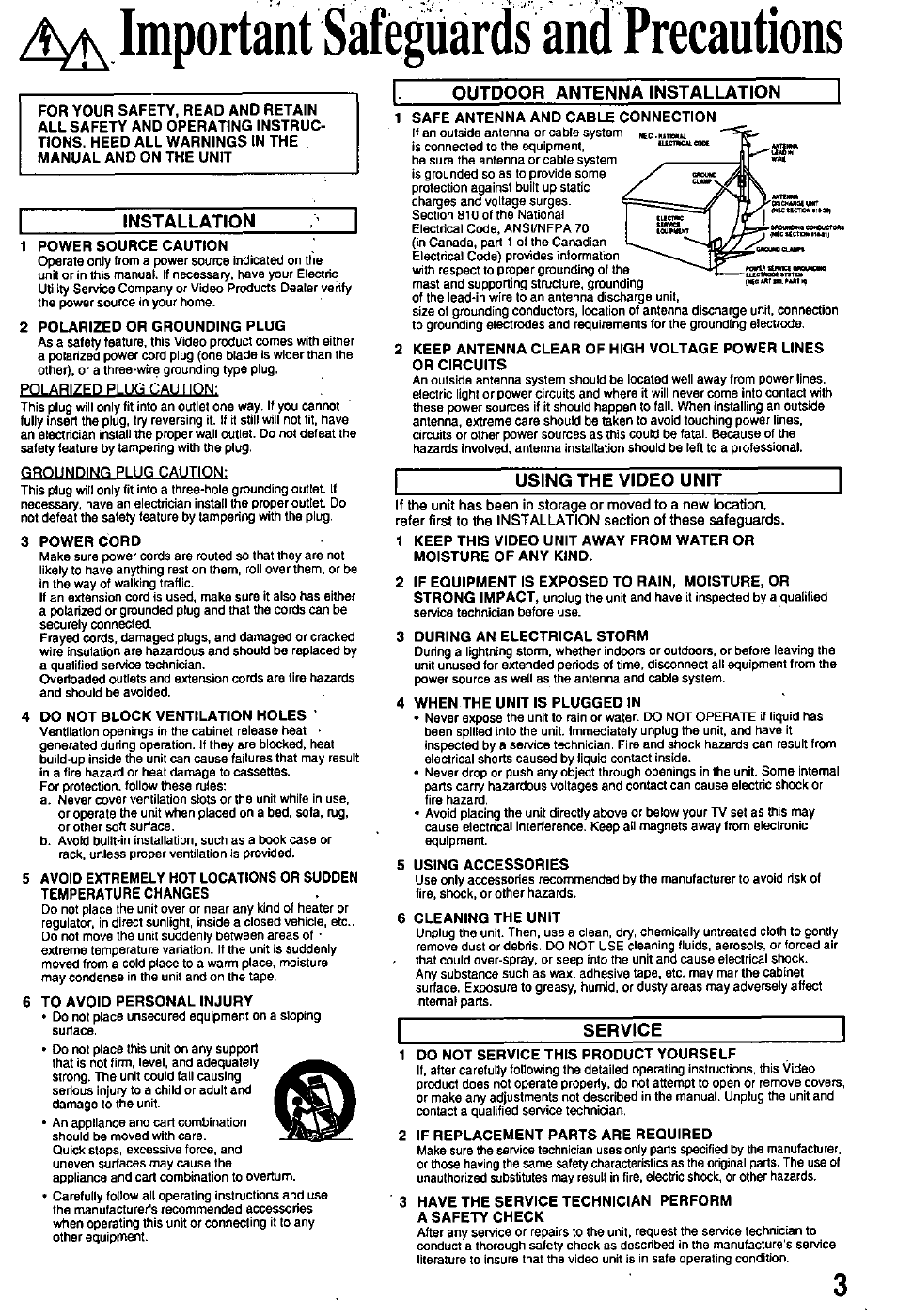 Installation, 1 power source caution, 2 polarized or grounding plug | 3 power cord, 4 do not block ventilation holes, 6 to avoid personal injury, Outdoor antenna installation, Safe antenna and cable connection, Using the video unit, 3 during an electrical storm | Panasonic OMNIVISION PV-8401 User Manual | Page 3 / 36