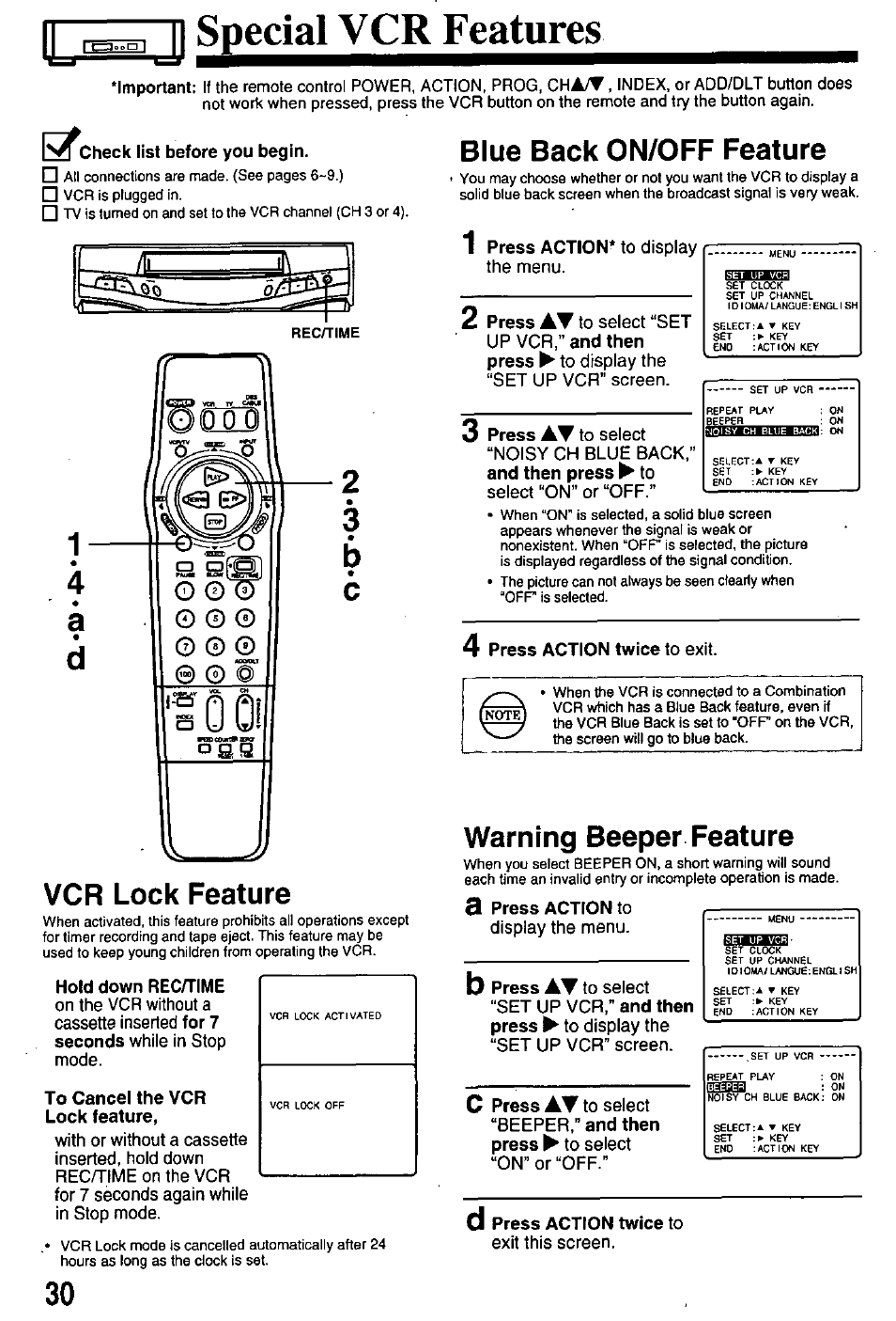 Check list before you begin, Blue back on/off feature, Vcr lock feature | Hold down rec/time, To cancel the vcr lock feature, Press action twice to exit, Warning beeper feature, 3 press action to, Press action twice to, Г^^д| specialvc^featu | Panasonic OMNIVISION PV-8401 User Manual | Page 30 / 36