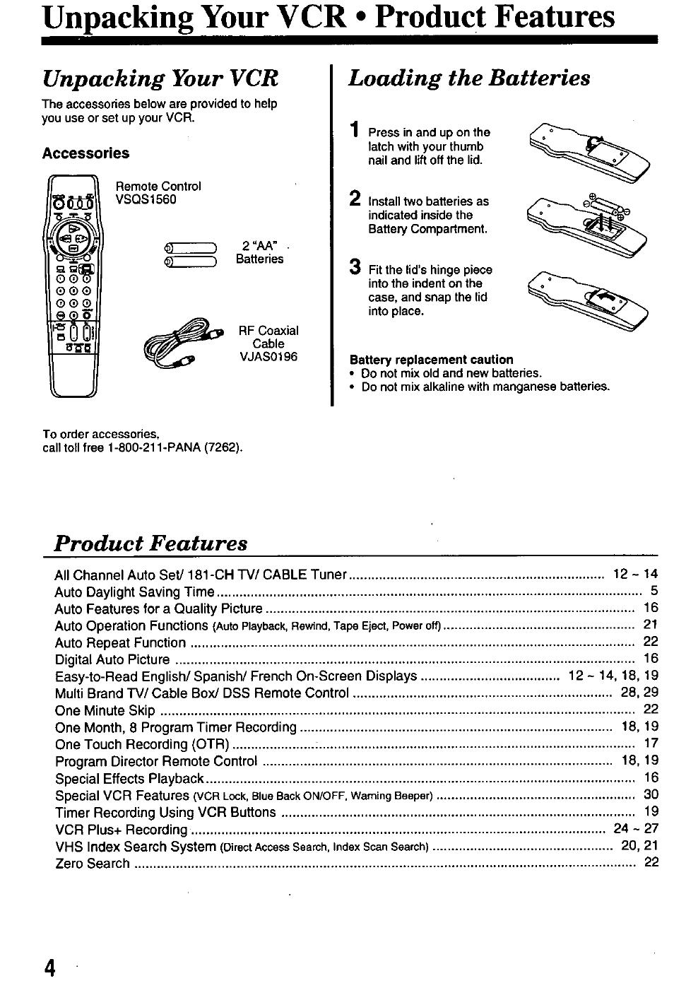 Unpacking your vcr • product features, Accessories, Unpacking your vcr | Loading the batteries, Product features | Panasonic OMNIVISION PV-8401 User Manual | Page 4 / 36