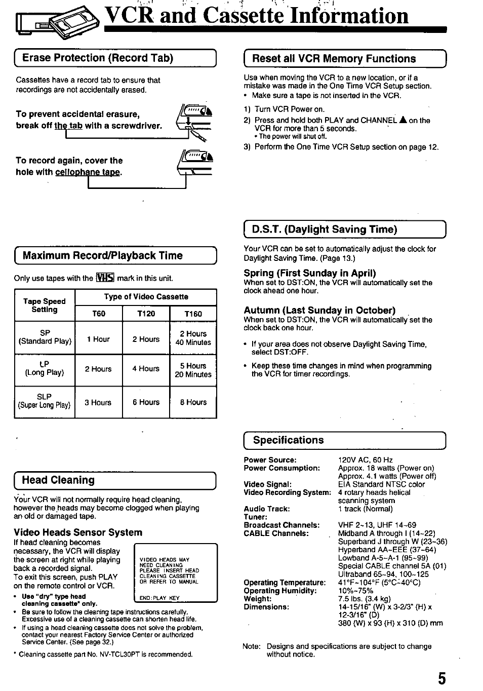 Vcr and cassette information, Erase protection (record ta, D.s.t. (daylight saving time) | Spring (first sunday in april), Autumn (last sunday in october), Specifications, Video heads sensor system, Auto daylight saving time, Specifications head cleaning | Panasonic OMNIVISION PV-8401 User Manual | Page 5 / 36