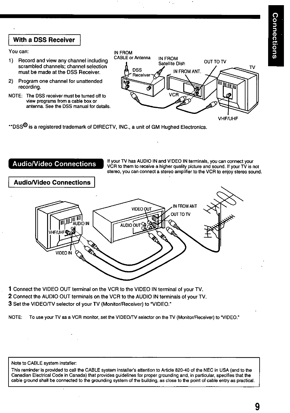 With a dss receiver, Audioa/ideo connections | Panasonic OMNIVISION PV-8401 User Manual | Page 9 / 36