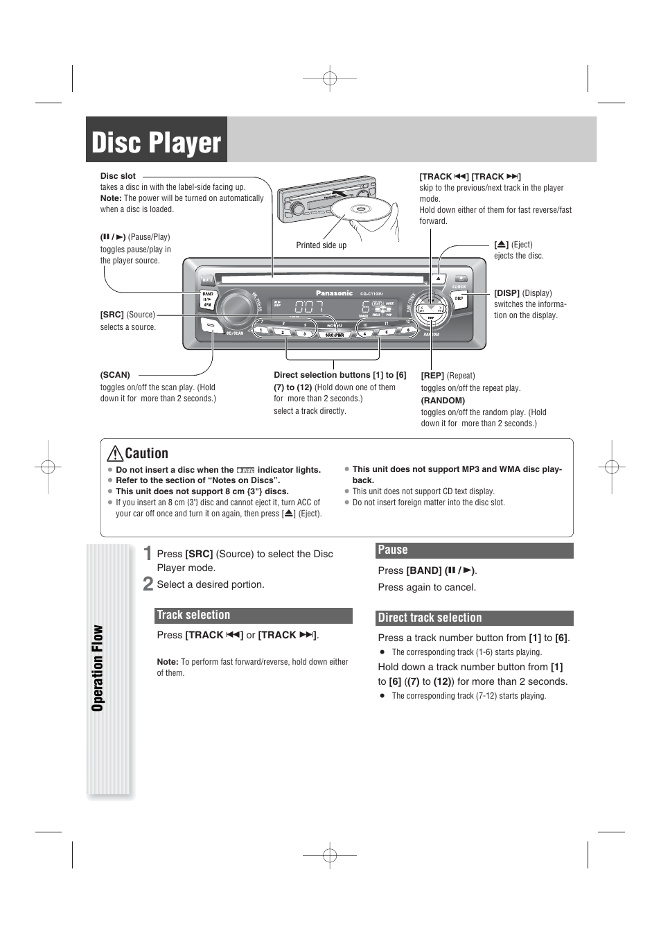 Disc player, Operation flow, Caution | Panasonic CQ-C1103U User Manual | Page 12 / 16