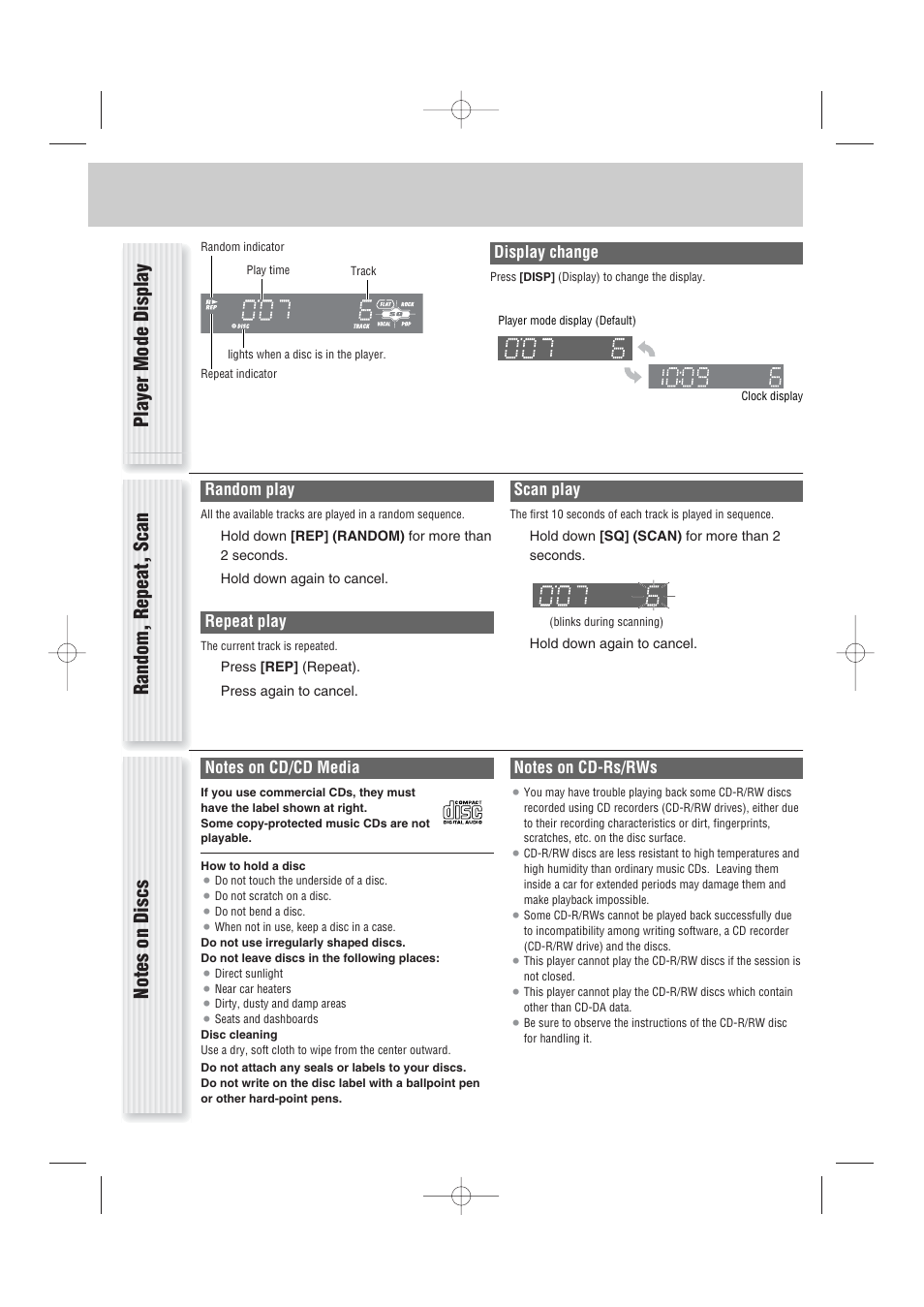 Random, repeat, scan, Player mode display, Random play | Repeat play, Scan play, Display change | Panasonic CQ-C1103U User Manual | Page 13 / 16