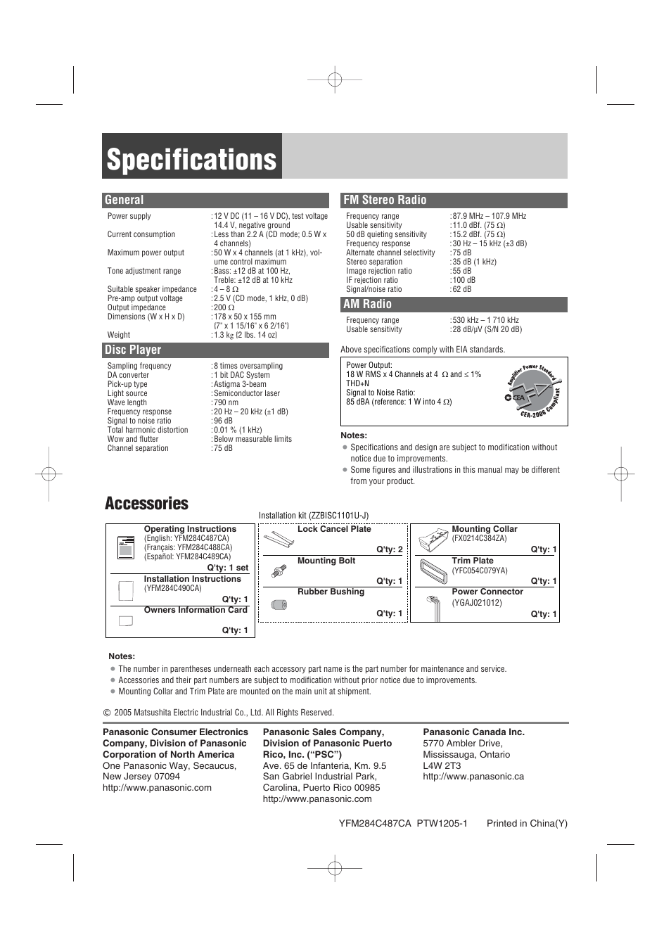 Specifications, Accessories, General | Disc player, Fm stereo radio, Am radio | Panasonic CQ-C1103U User Manual | Page 16 / 16