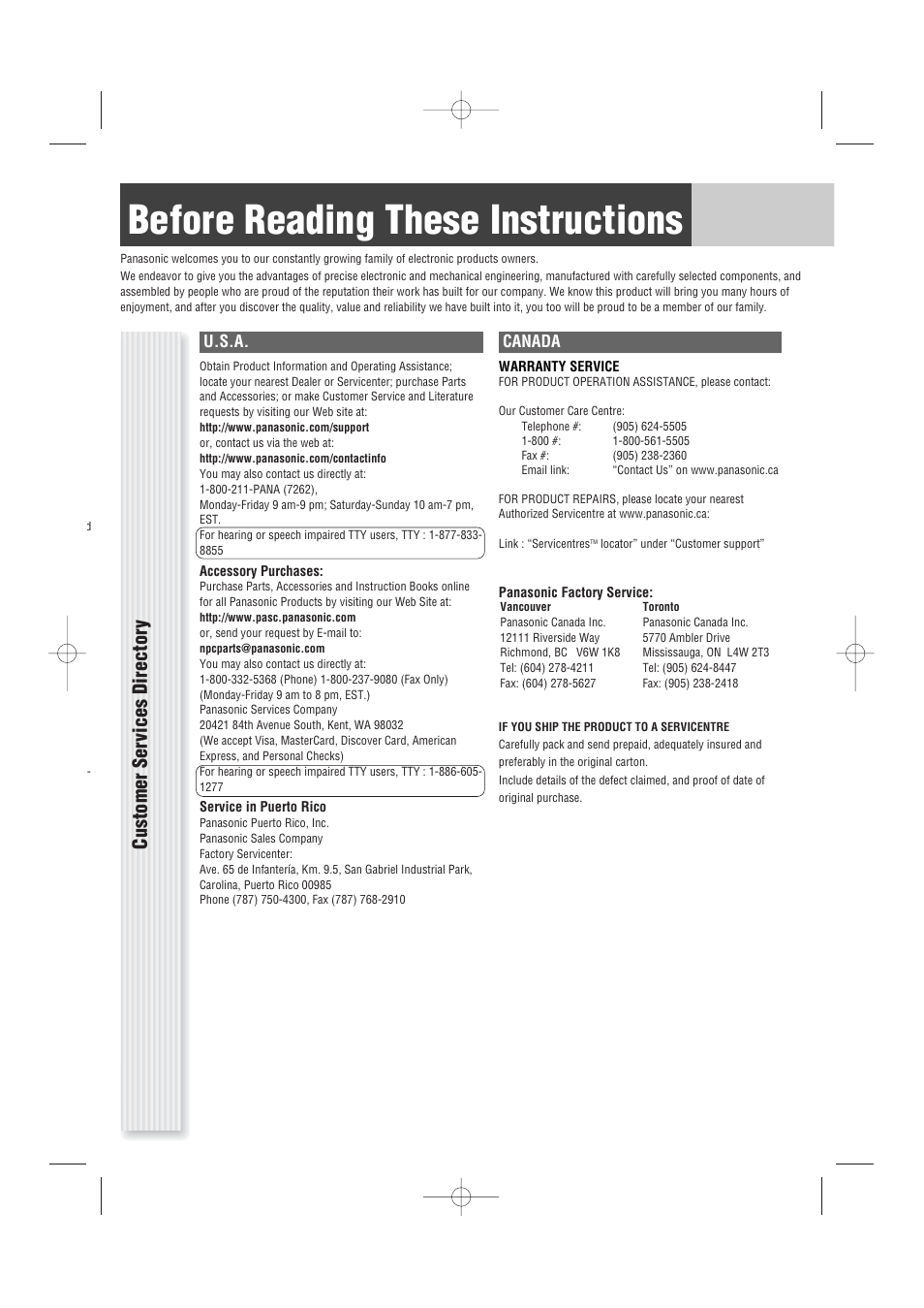 Before reading these instructions, Customer ser vices director y | Panasonic CQ-C1103U User Manual | Page 2 / 16