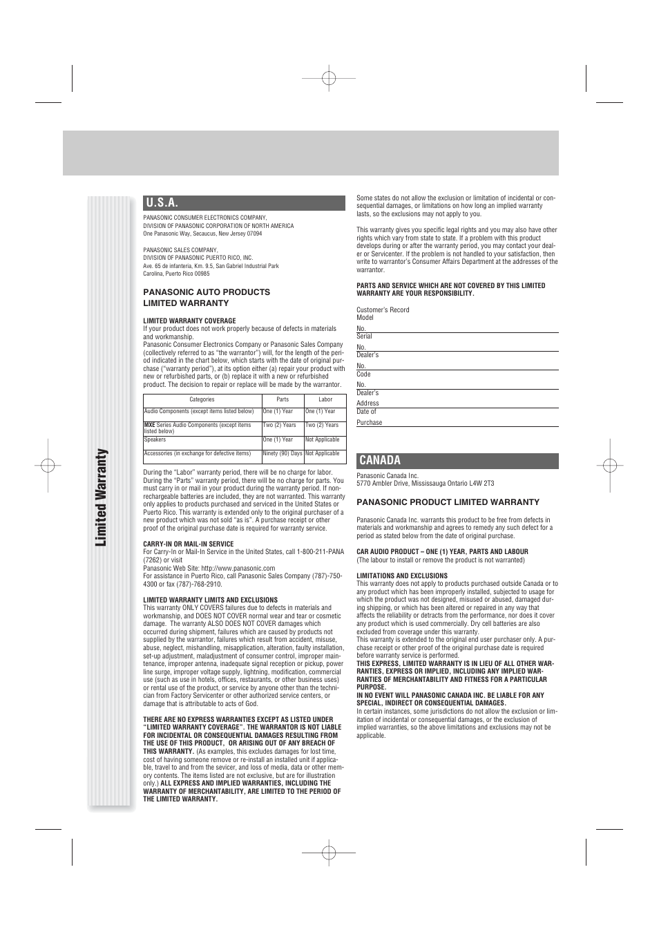 Limited w a rranty, U.s.a, Canada | Panasonic CQ-C1103U User Manual | Page 3 / 16