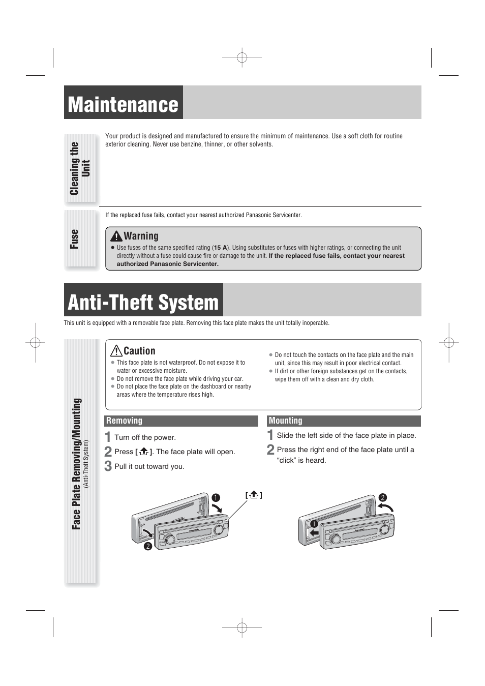Maintenance, Anti-theft system | Panasonic CQ-C1103U User Manual | Page 5 / 16