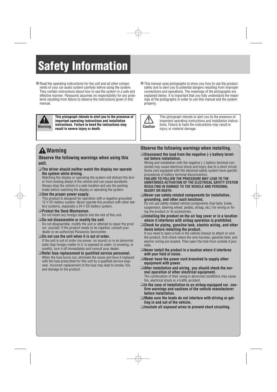 Safety information, Warning | Panasonic CQ-C1103U User Manual | Page 6 / 16
