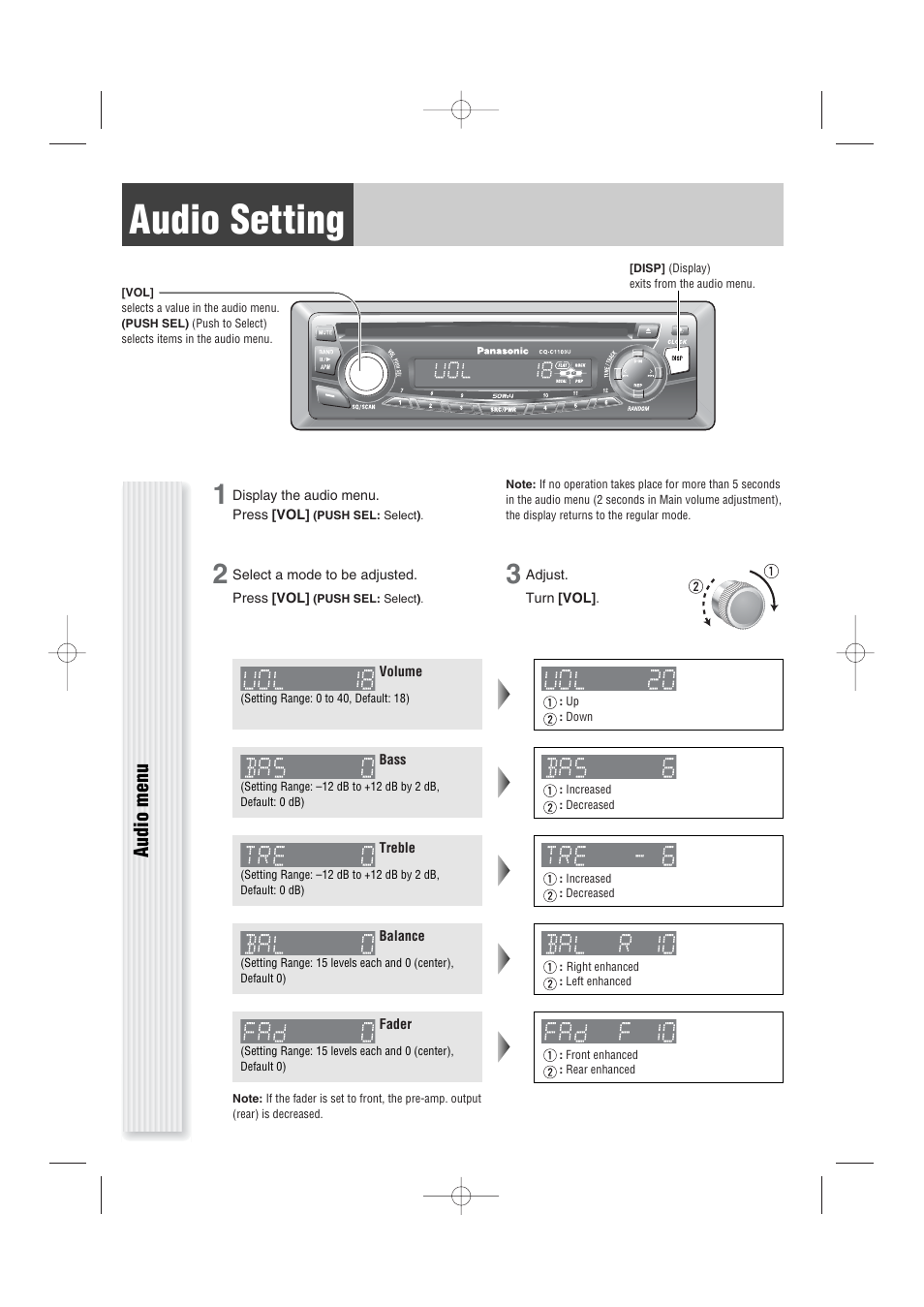 Audio setting, Audio menu | Panasonic CQ-C1103U User Manual | Page 9 / 16