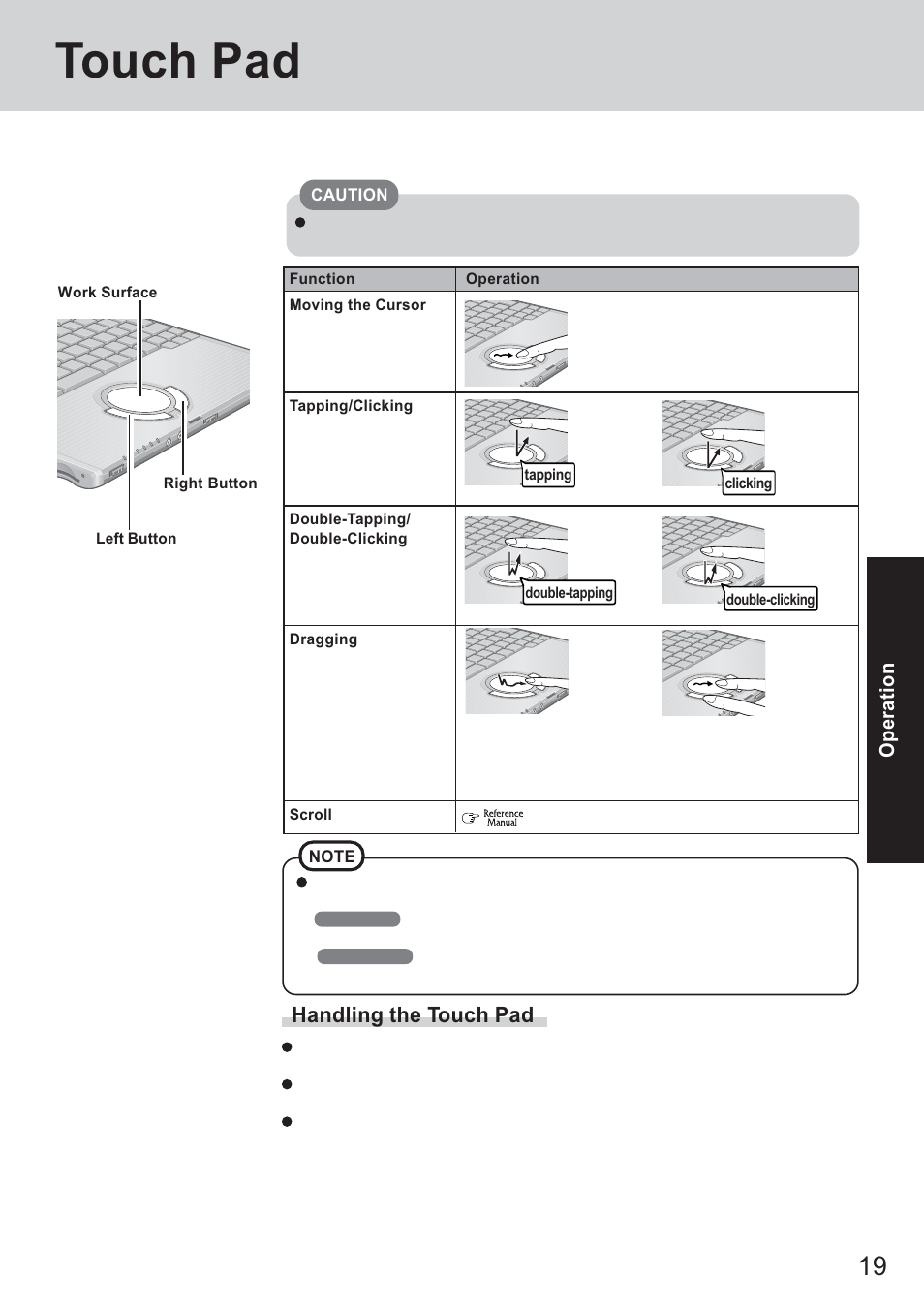 Touch pad, Handling the touch pad | Panasonic CF-T2 User Manual | Page 19 / 40