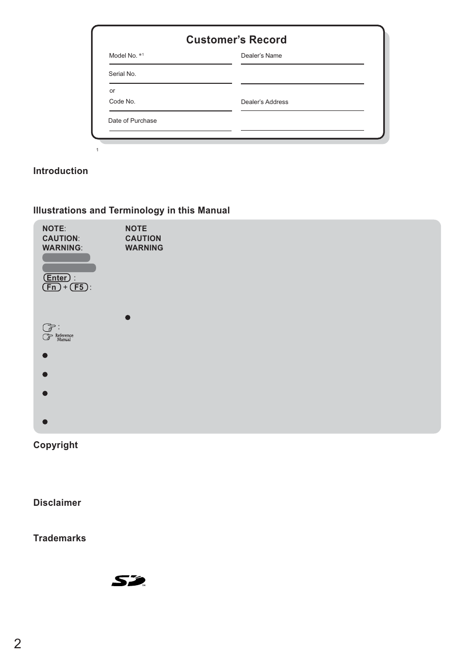 Customer’s record, Getting started, Introduction | Disclaimer, Trademarks | Panasonic CF-T2 User Manual | Page 2 / 40