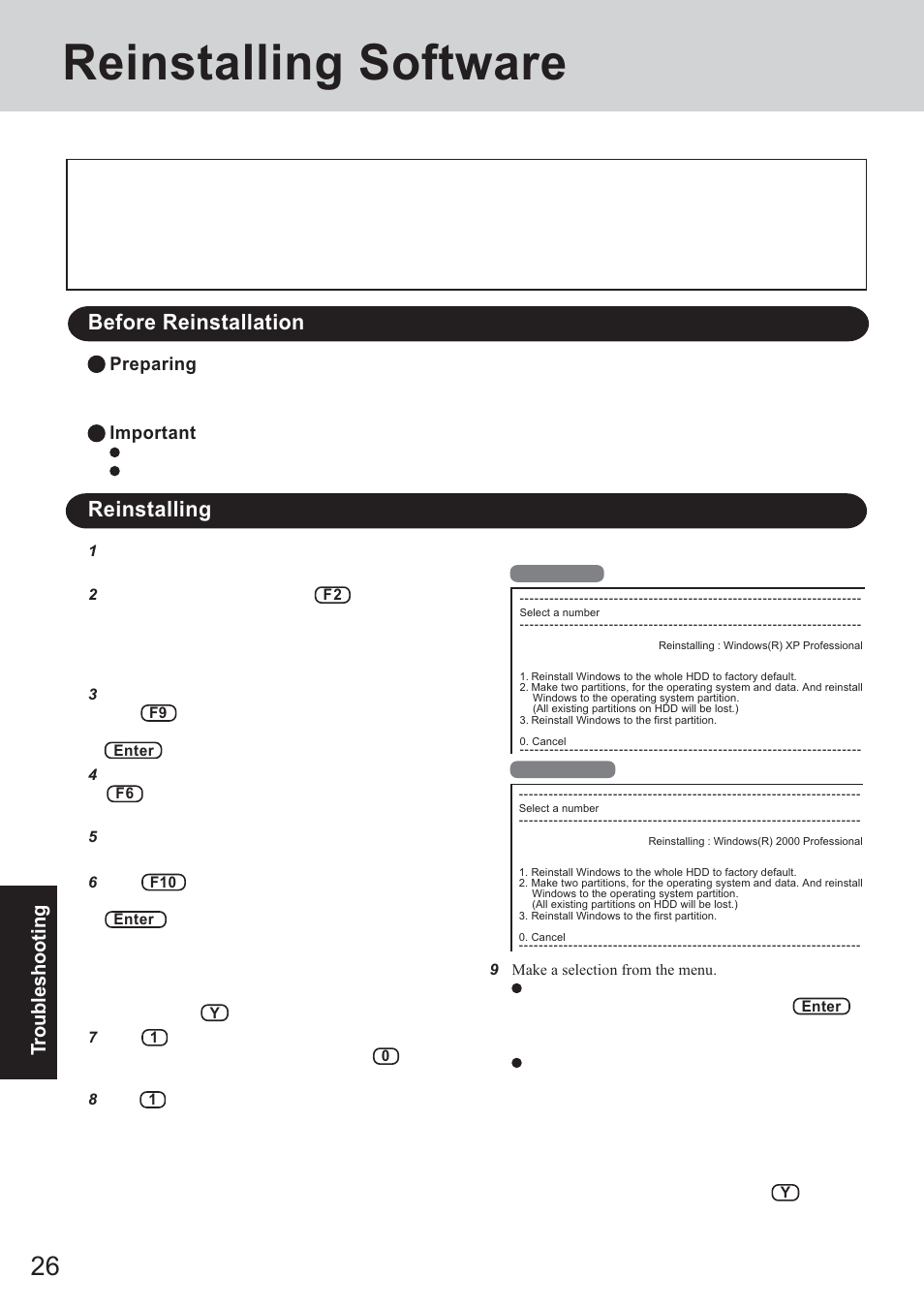 Reinstalling software, Before reinstallation, Reinstalling | Troubleshooting | Panasonic CF-T2 User Manual | Page 26 / 40