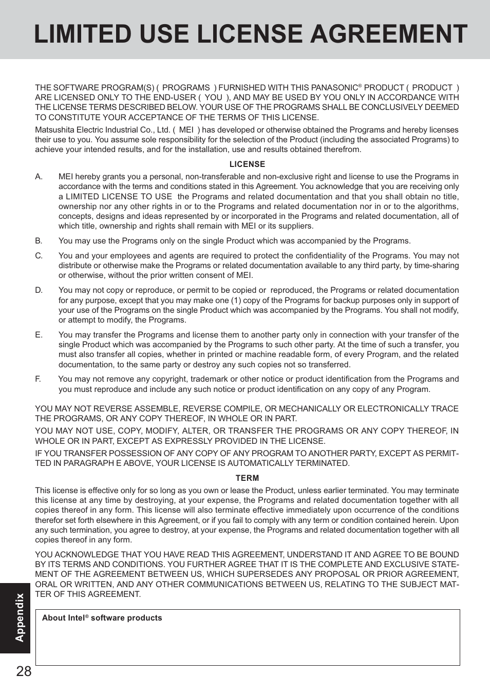 Limited use license agreement | Panasonic CF-T2 User Manual | Page 28 / 40