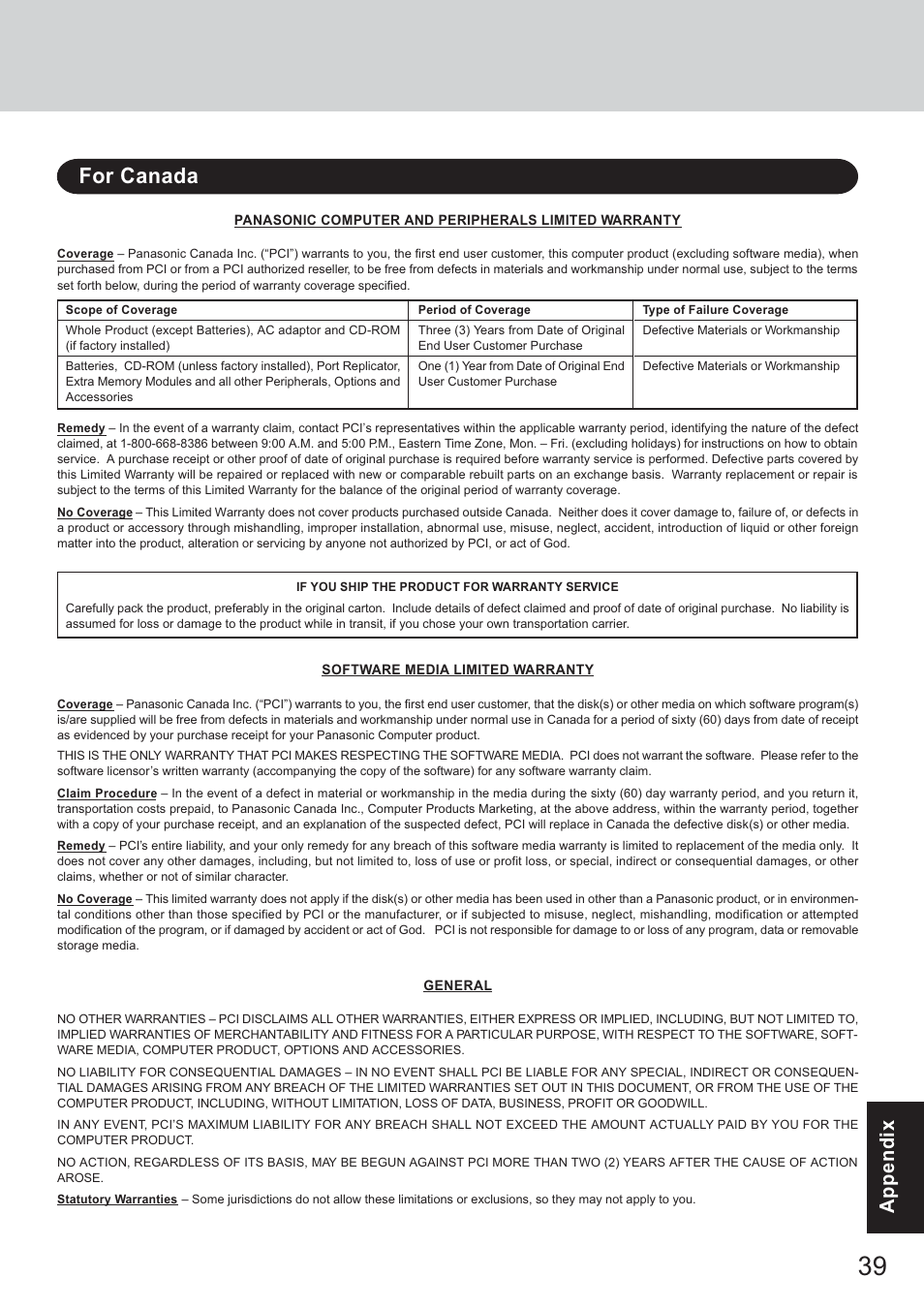 For canada, Appendixappendix | Panasonic CF-T2 User Manual | Page 39 / 40