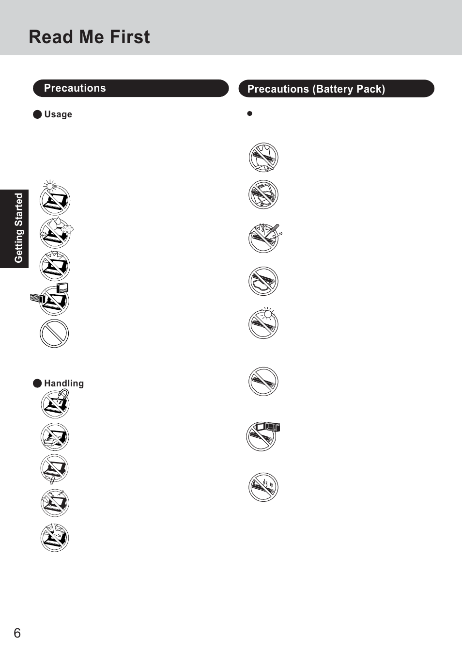 Read me first, Precautions, Precautions (battery pack) | Getting started | Panasonic CF-T2 User Manual | Page 6 / 40