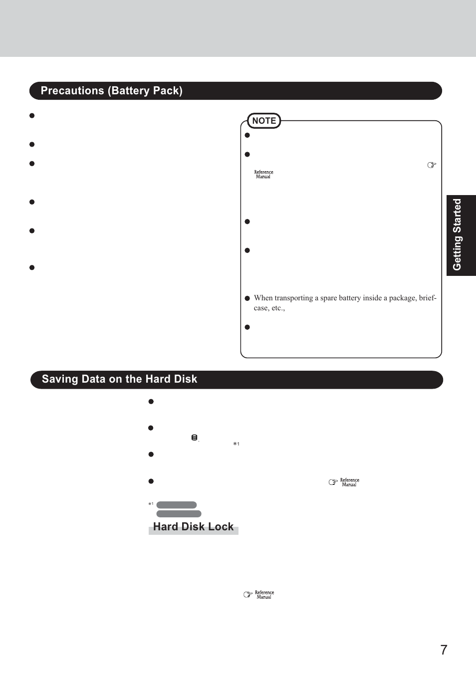 Precautions (battery pack), Saving data on the hard disk hard disk lock, Getting started | Panasonic CF-T2 User Manual | Page 7 / 40