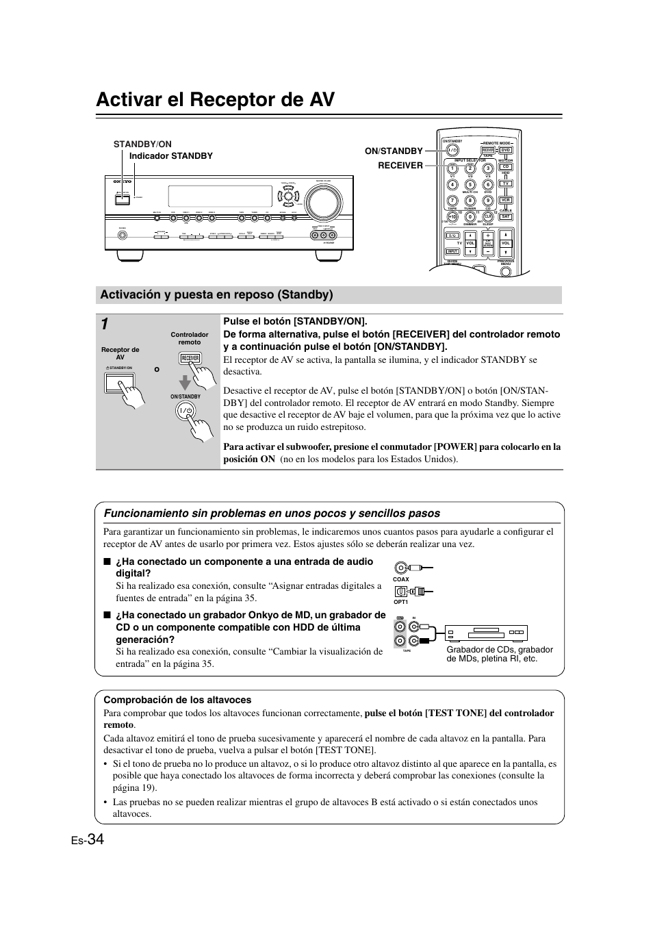 Activar el receptor de av, Activación y puesta en reposo (standby), Andby/on (34) | Andby (34), Clear, Standby/on, Receiver on/standby indicador standby, Grabador de cds, grabador de mds, pletina ri, etc | Panasonic HT-S790 User Manual | Page 100 / 144