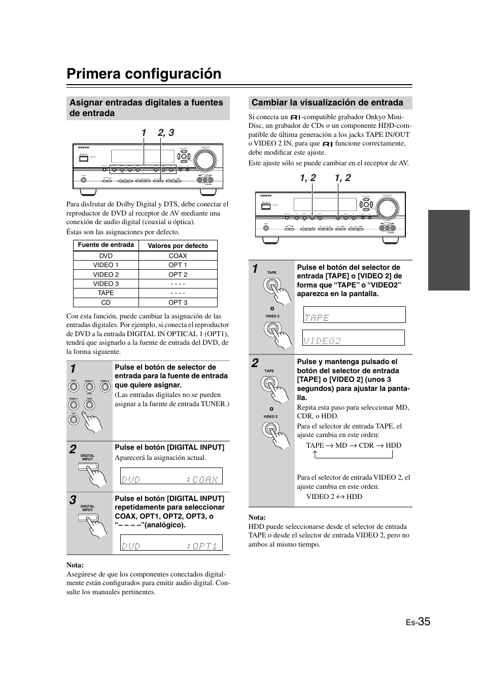 Primera configuración, Asignar entradas digitales a fuentes de entrada, Cambiar la visualización de entrada | Asignar entradas digitales a fuentes, De entrada, Al input (35 | Panasonic HT-S790 User Manual | Page 101 / 144