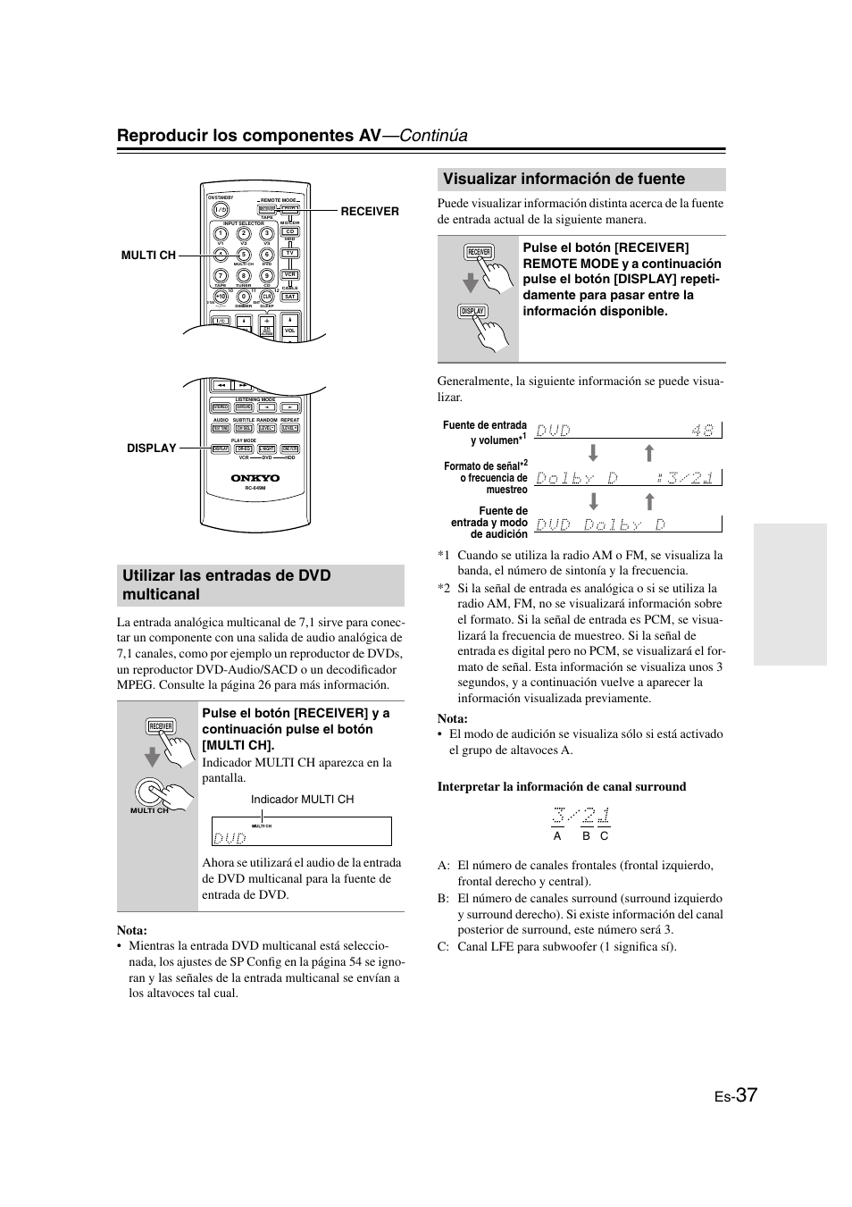 Utilizar las entradas de dvd multicanal, Visualizar información de fuente, Y (37) | Ti ch (37), Reproducir los componentes av —continúa, Display receiver multi ch, Indicador multi ch, Fuente de entrada y volumen, Formato de señal | Panasonic HT-S790 User Manual | Page 103 / 144