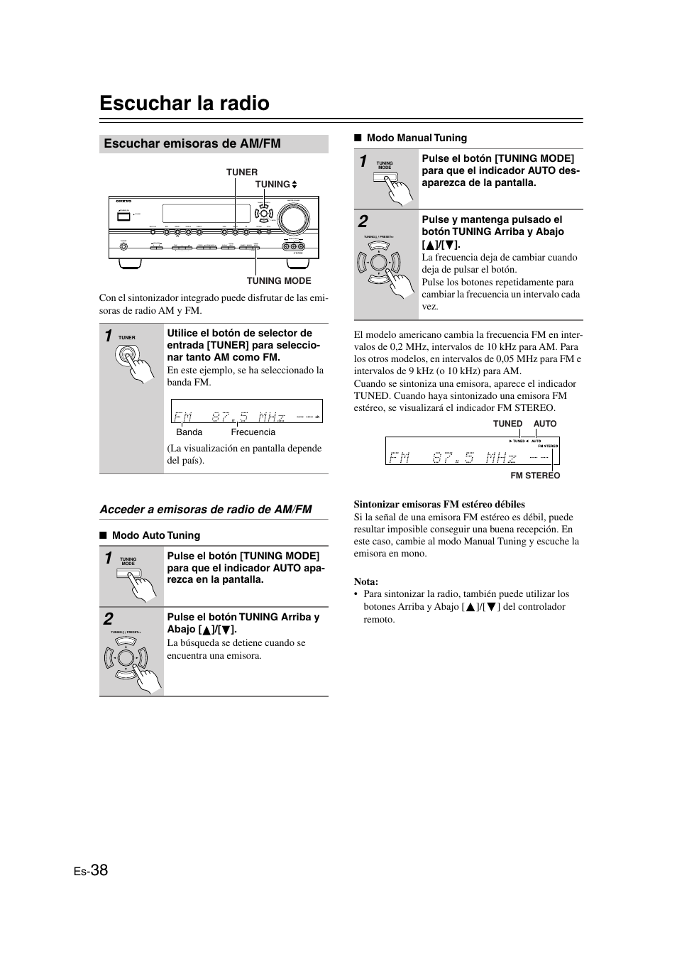 Escuchar la radio, Escuchar emisoras de am/fm, Tuning mode (38) | Tuned (38), Fm stereo (38) | Panasonic HT-S790 User Manual | Page 104 / 144